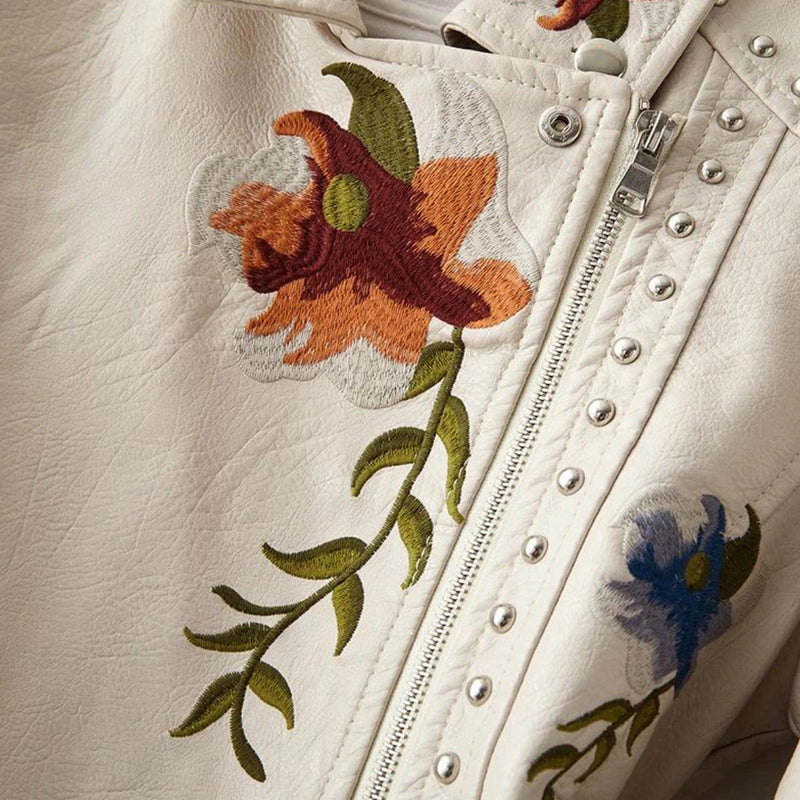 Luxury Women's Floral Embroidered Leather Jacket - Designer Fashion Outerwear