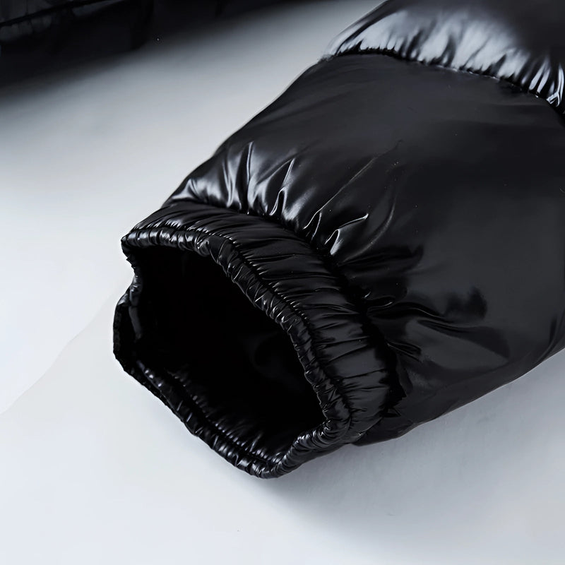 Men's Insulated Black Glossy Hooded Puffer Jacket - Stylish Winter Coat for Ultimate Warmth and Comfort