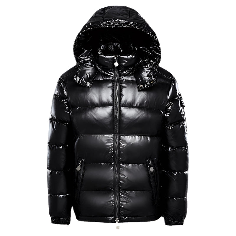 Men's Insulated Black Glossy Hooded Puffer Jacket - Stylish Winter Coat for Ultimate Warmth and Comfort