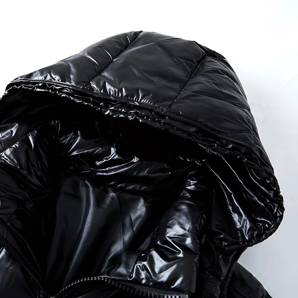 Men's Insulated Black Glossy Hooded Puffer Jacket - Stylish Winter Coat for Ultimate Warmth and Comfort