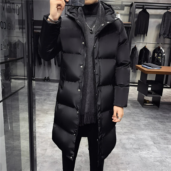 Men's Black Glossy Puffer Jacket - Long Insulated Winter Coat for Ultimate Warmth & Style