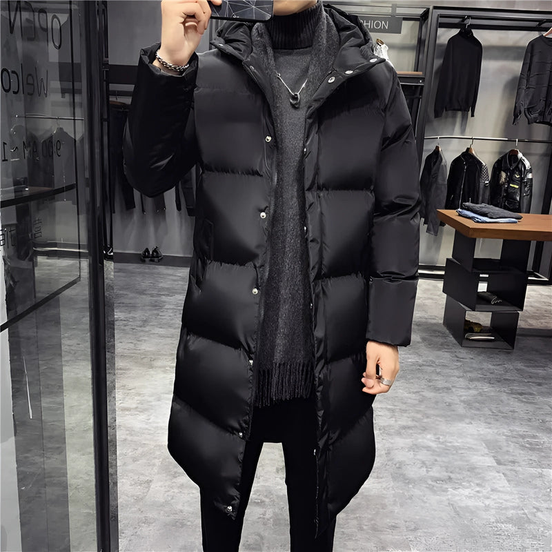 Men's Black Glossy Puffer Jacket - Long Insulated Winter Coat for Ultimate Warmth & Style