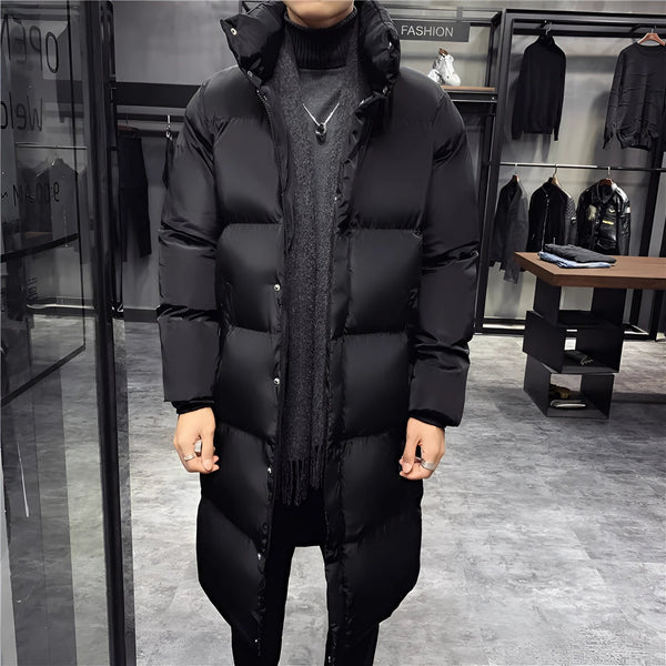 Men's Black Glossy Puffer Jacket - Long Insulated Winter Coat for Ultimate Warmth & Style