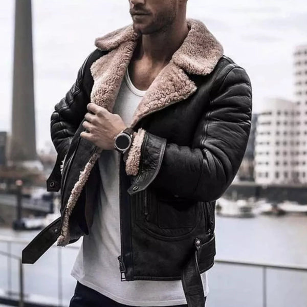 Men's Black Leather Jacket with Shearling Collar - Stylish Urban Fashion Outerwear
