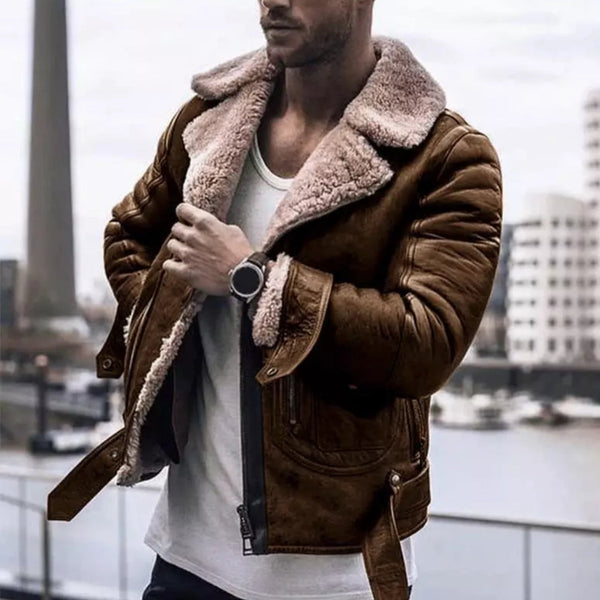 Men's Black Leather Jacket with Shearling Collar - Stylish Urban Fashion Outerwear