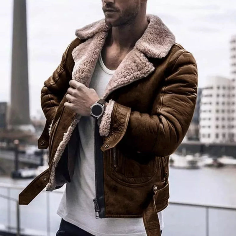 Men's Black Leather Jacket with Shearling Collar - Stylish Urban Fashion Outerwear