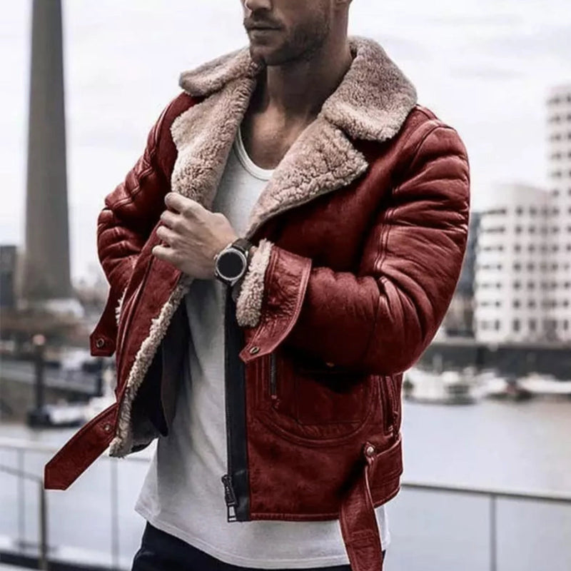 Men's Black Leather Jacket with Shearling Collar - Stylish Urban Fashion Outerwear