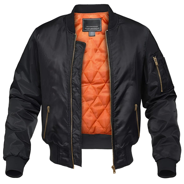Men's Black Urban Bomber Jacket with Orange Quilted Lining & Zipper Pocket - Stylish & Functional Outerwear for Casual Wear