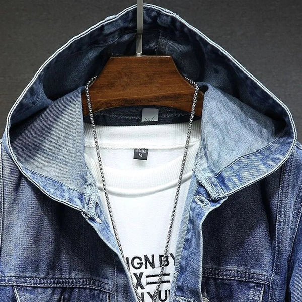 Men's Vintage Distressed Denim Jacket with Hoodie - Stylish Streetwear Outerwear