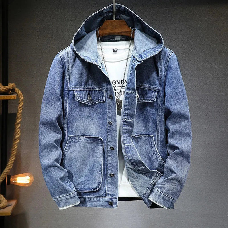 Men's Vintage Distressed Denim Jacket with Hoodie - Stylish Streetwear Outerwear