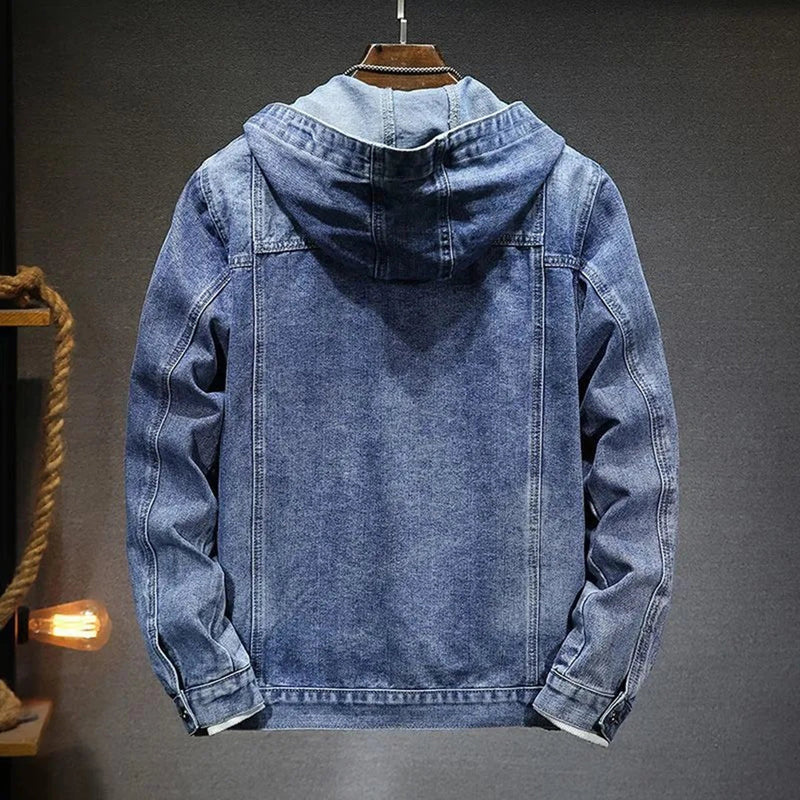 Men's Vintage Distressed Denim Jacket with Hoodie - Stylish Streetwear Outerwear