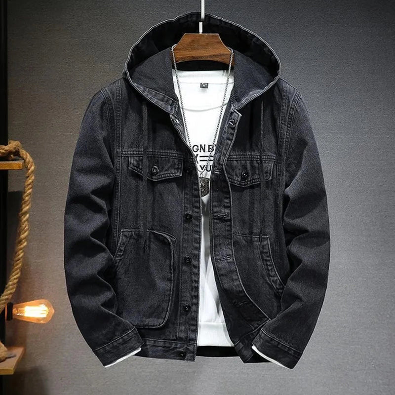 Men's Vintage Distressed Denim Jacket with Hoodie - Stylish Streetwear Outerwear