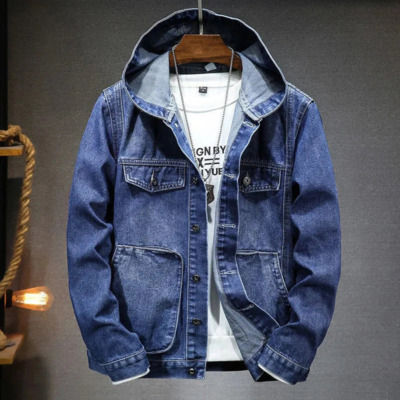 Men's Vintage Distressed Denim Jacket with Hoodie - Stylish Streetwear Outerwear