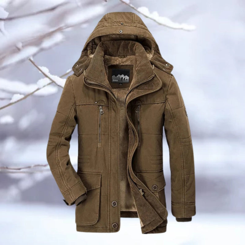 Men's Brown Insulated Hooded Winter Jacket - Thermal Quilted Parka, Snow Resistant & Warm