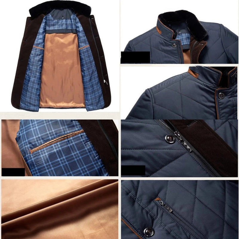 Men's Insulated Quilted Thermal Waterproof Winter Coat with Fur Collar - Warm & Stylish Outerwear for Cold Weather
