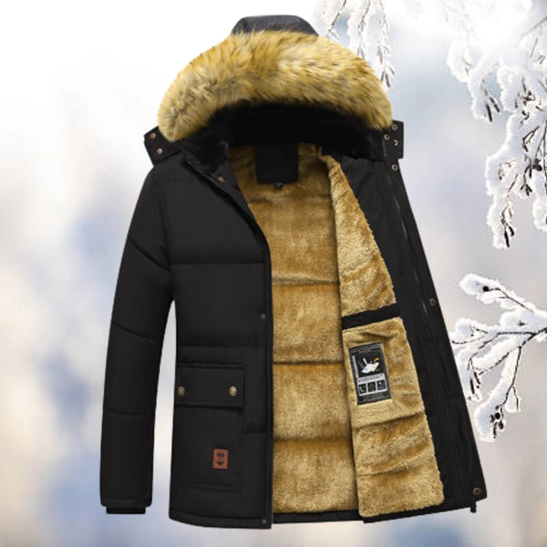 Men's Luxury Insulated Navy Quilted Winter Jacket with Fur Hood - Premium Parka for Ultimate Warmth