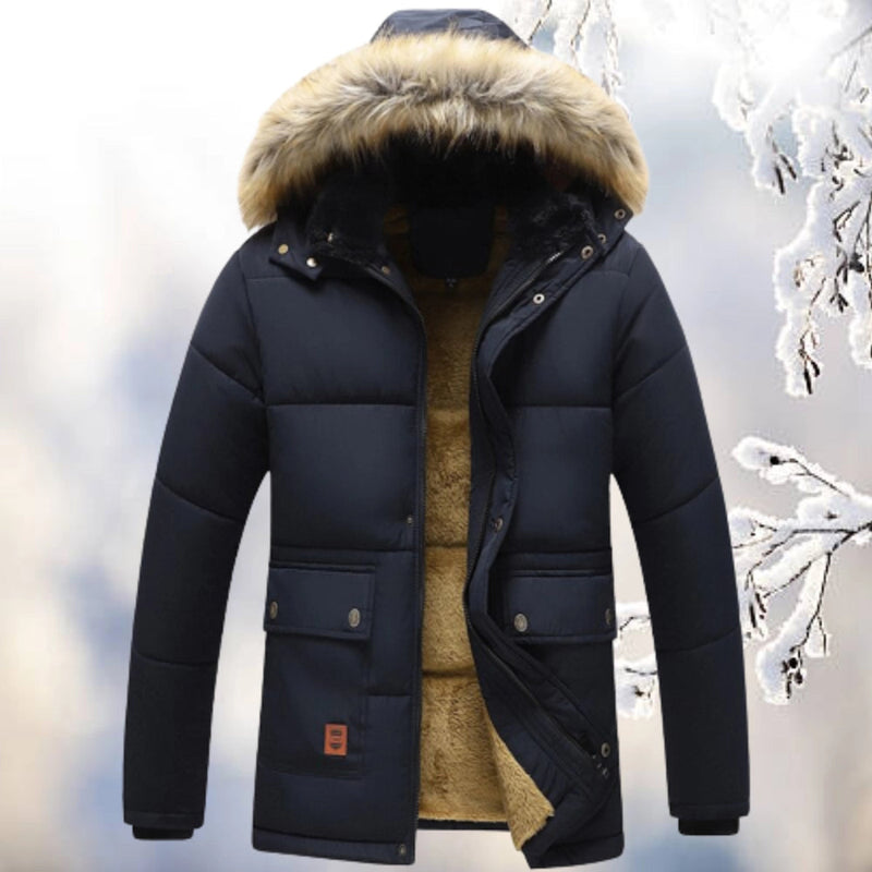 Men's Luxury Insulated Navy Quilted Winter Jacket with Fur Hood - Premium Parka for Ultimate Warmth