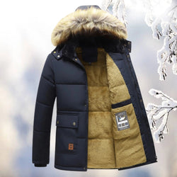 Men's Luxury Insulated Navy Quilted Winter Jacket with Fur Hood - Premium Parka for Ultimate Warmth