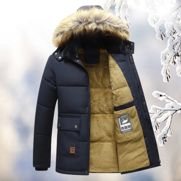 Men's Luxury Insulated Navy Quilted Winter Jacket with Fur Hood - Premium Parka for Ultimate Warmth