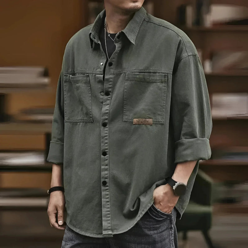 Men's Lightweight Olive Green Military Shirt Jacket - Stylish Cotton Overshirt for Casual Wear