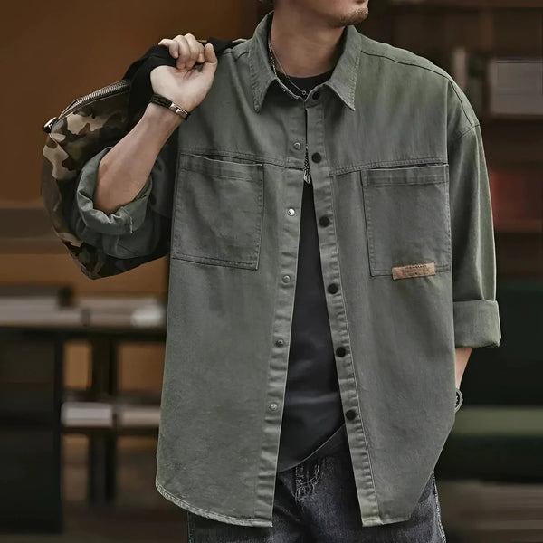 Men's Lightweight Olive Green Military Shirt Jacket - Stylish Cotton Overshirt for Casual Wear