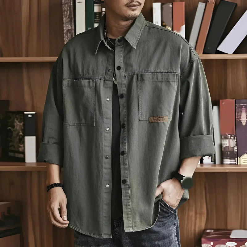Men's Lightweight Olive Green Military Shirt Jacket - Stylish Cotton Overshirt for Casual Wear