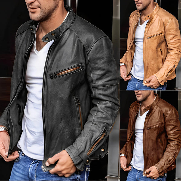 Men's Premium Slim Fit Black/Brown Motorcycle Leather Jacket with Zipper - Stylish & Durable