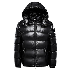 Men's Insulated Glossy Black Hooded Puffer Jacket - Stylish & Warm Winter Coat