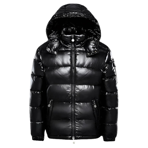 Men's Insulated Glossy Black Hooded Puffer Jacket - Stylish & Warm Winter Coat