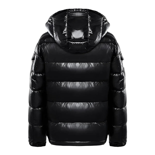 Men's Insulated Glossy Black Hooded Puffer Jacket - Stylish & Warm Winter Coat