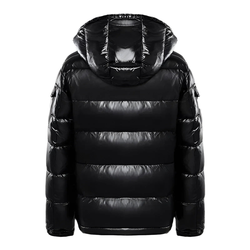 Men's Insulated Glossy Black Hooded Puffer Jacket - Stylish & Warm Winter Coat