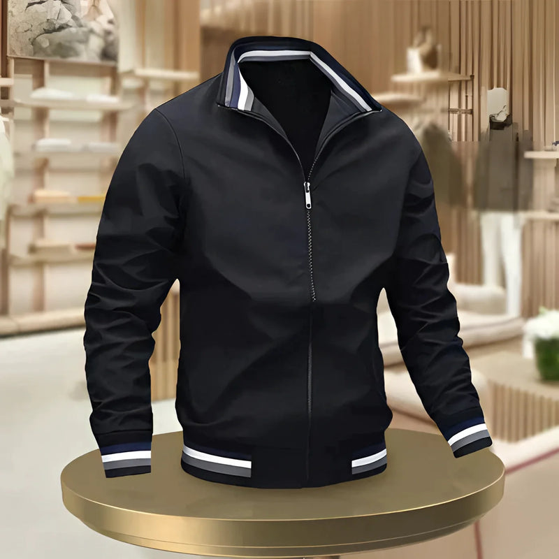 Men's Lightweight White Bomber Jacket - Zip-Up with Striped Trim - Stylish Casual Outerwear