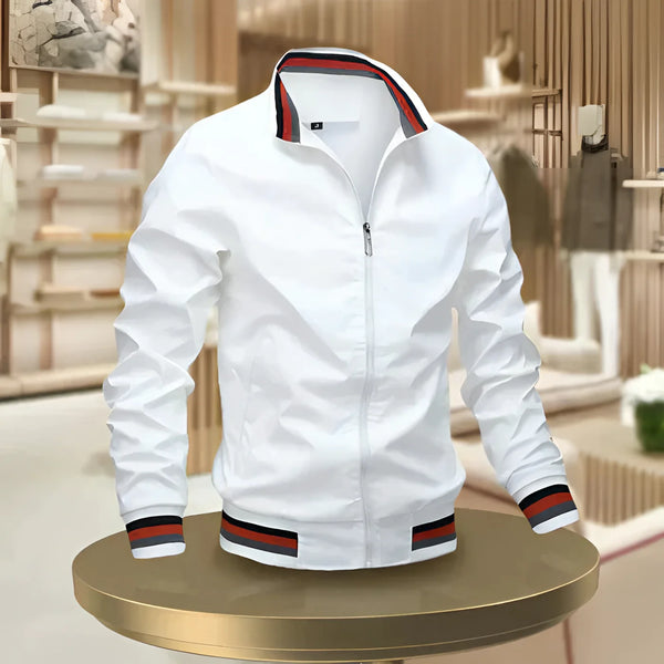 Men's Lightweight White Bomber Jacket - Zip-Up with Striped Trim - Stylish Casual Outerwear