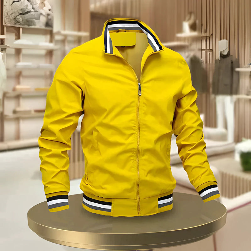 Men's Lightweight White Bomber Jacket - Zip-Up with Striped Trim - Stylish Casual Outerwear