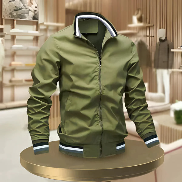 Men's Lightweight White Bomber Jacket - Zip-Up with Striped Trim - Stylish Casual Outerwear