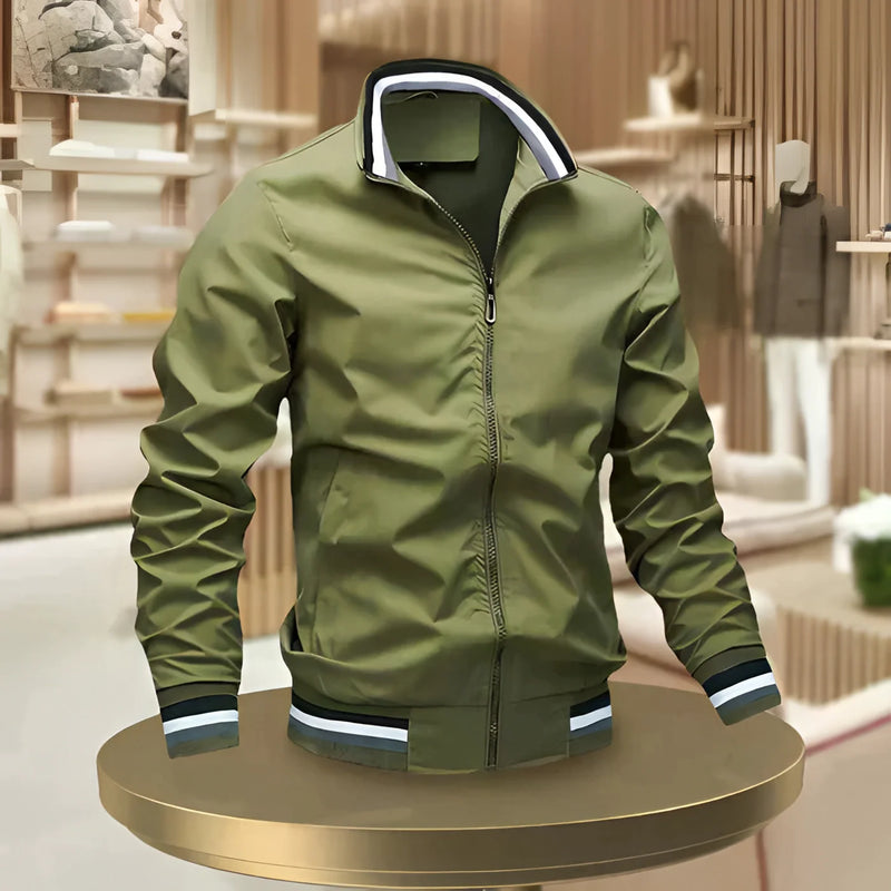 Men's Lightweight White Bomber Jacket - Zip-Up with Striped Trim - Stylish Casual Outerwear