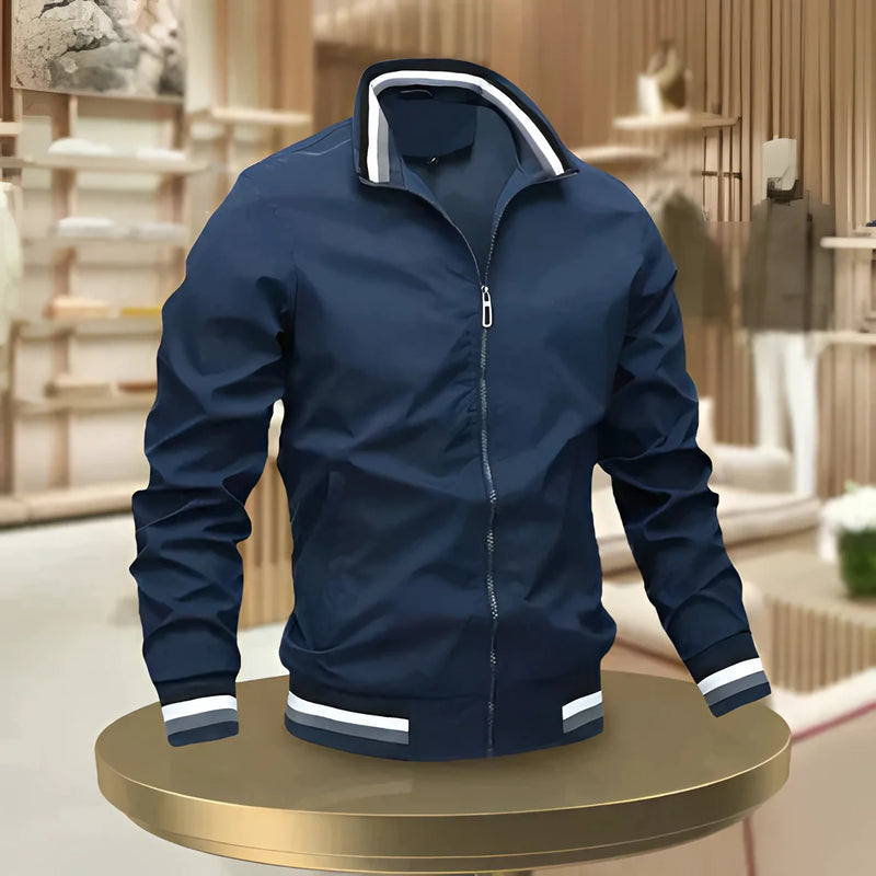Men's Lightweight White Bomber Jacket - Zip-Up with Striped Trim - Stylish Casual Outerwear