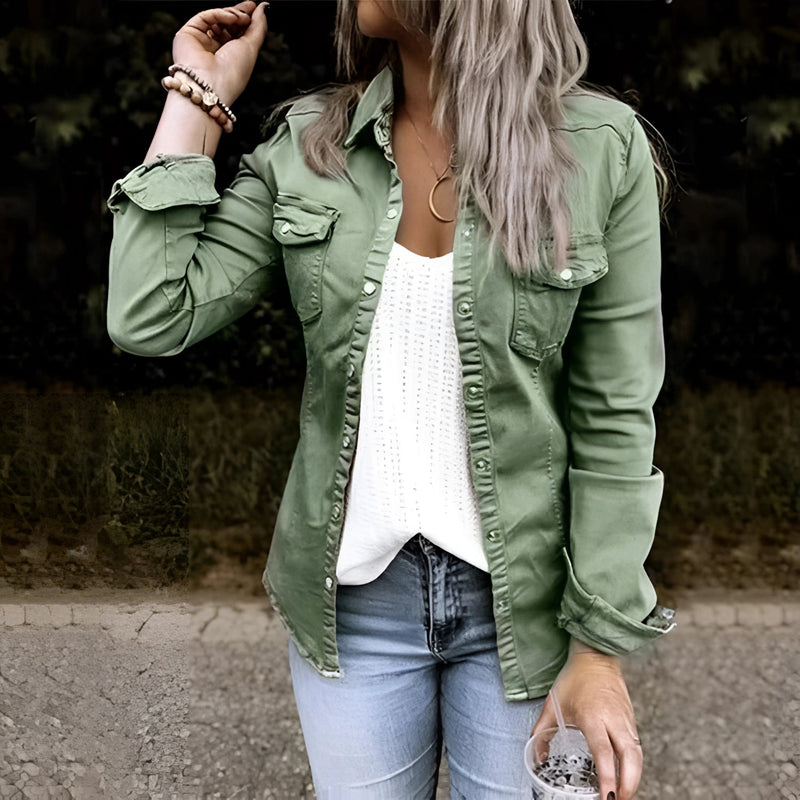 Olive Green Women's Slim Fit Utility Jacket - Stylish Casual Fall Outerwear