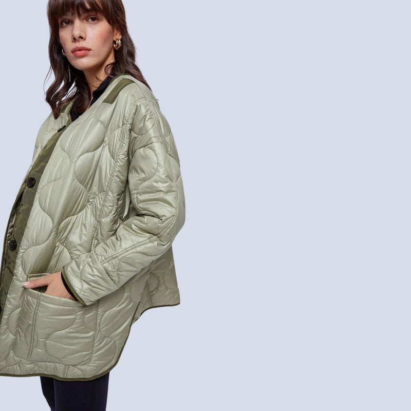Lightweight Oversized Green Women's Quilted Puffer Jacket - Casual Autumn Outerwear