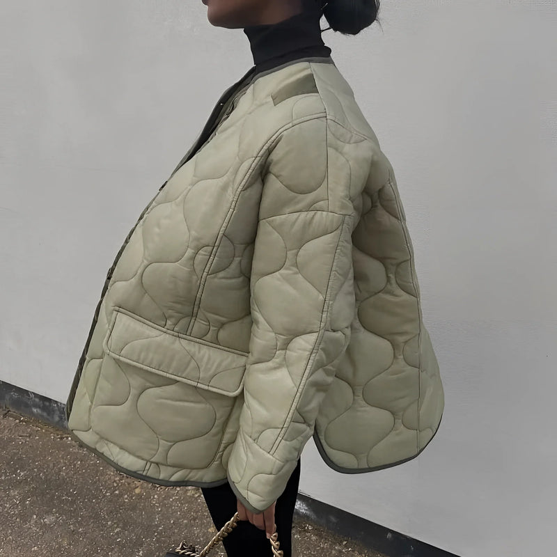 Lightweight Oversized Green Women's Quilted Puffer Jacket - Casual Autumn Outerwear