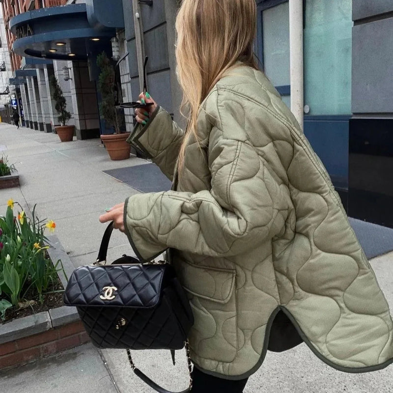 Lightweight Oversized Green Women's Quilted Puffer Jacket - Casual Autumn Outerwear