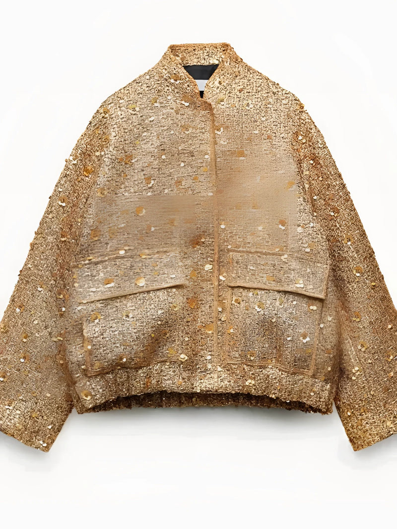 Chic Women's Textured Gold Metallic Bomber Jacket - Stylish Outerwear for Every Occasion