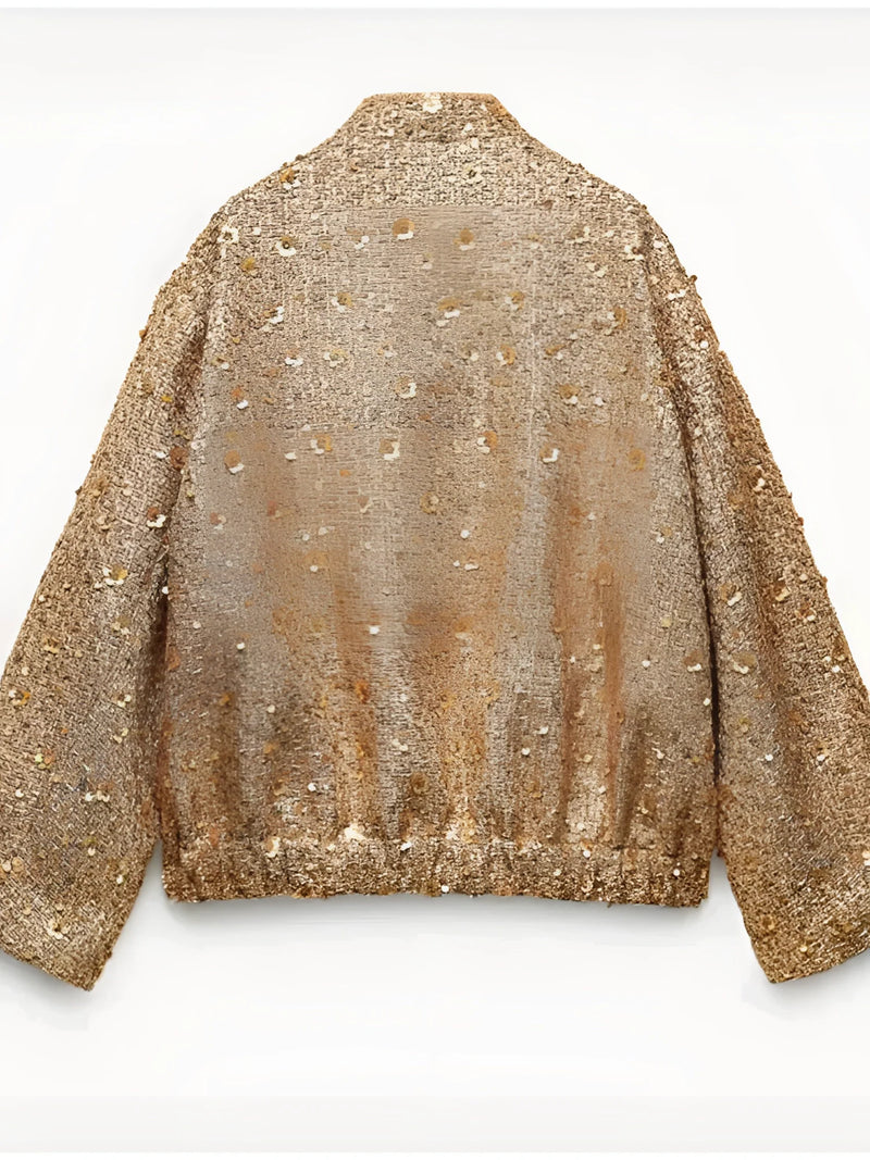 Chic Women's Textured Gold Metallic Bomber Jacket - Stylish Outerwear for Every Occasion