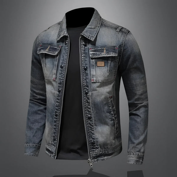 Men's Vintage Distressed Slim Fit Designer Denim Jacket - Retro Style, Fashionable Outerwear