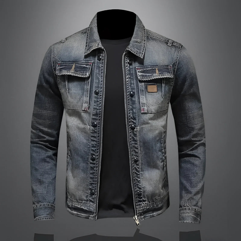 Men's Vintage Distressed Slim Fit Designer Denim Jacket - Retro Style, Fashionable Outerwear