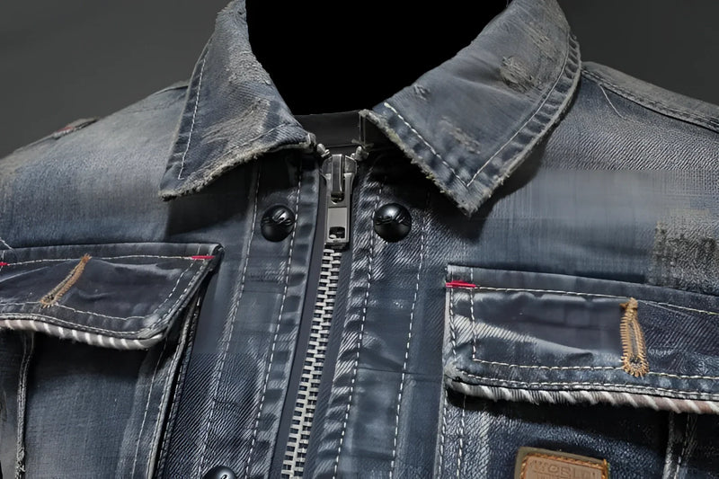 Men's Vintage Distressed Slim Fit Designer Denim Jacket - Retro Style, Fashionable Outerwear