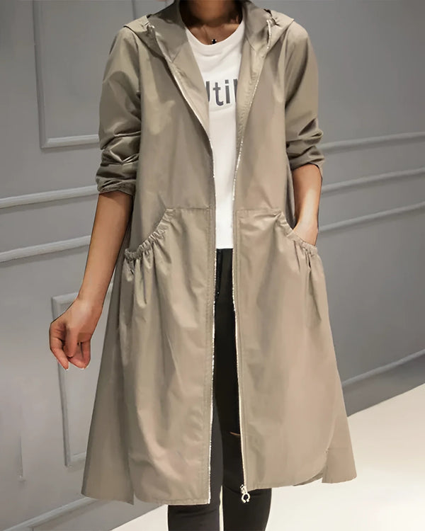 Women's Lightweight Beige Hooded Trench Coat - Waterproof Spring Jacket for Stylish Weather Protection