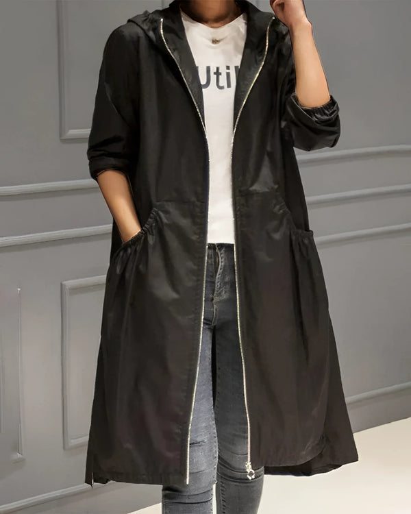 Women's Lightweight Beige Hooded Trench Coat - Waterproof Spring Jacket for Stylish Weather Protection