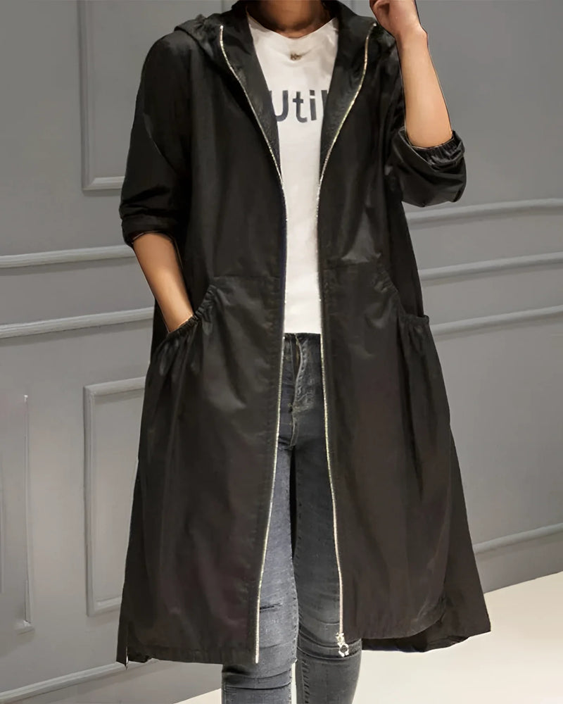 Women's Lightweight Beige Hooded Trench Coat - Waterproof Spring Jacket for Stylish Weather Protection