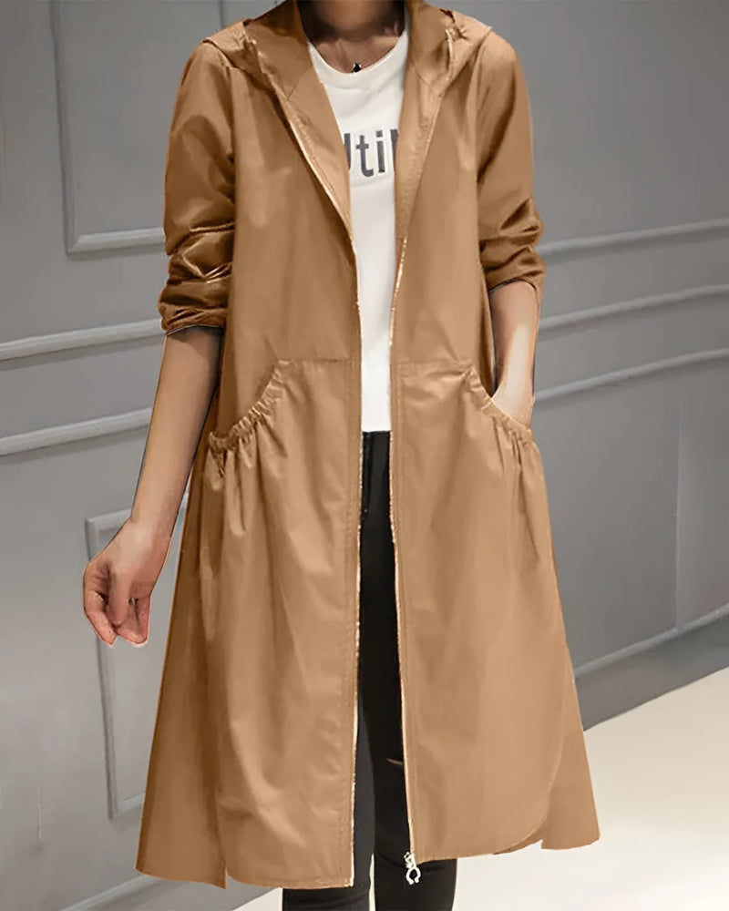 Women's Lightweight Beige Hooded Trench Coat - Waterproof Spring Jacket for Stylish Weather Protection